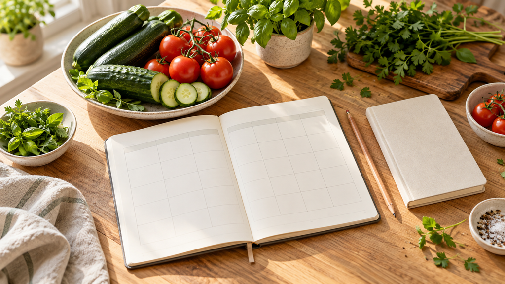 Wochenplan, Notizbuch und frisches Gemüse zur Vorbereitung der ersten Ernährungswoche