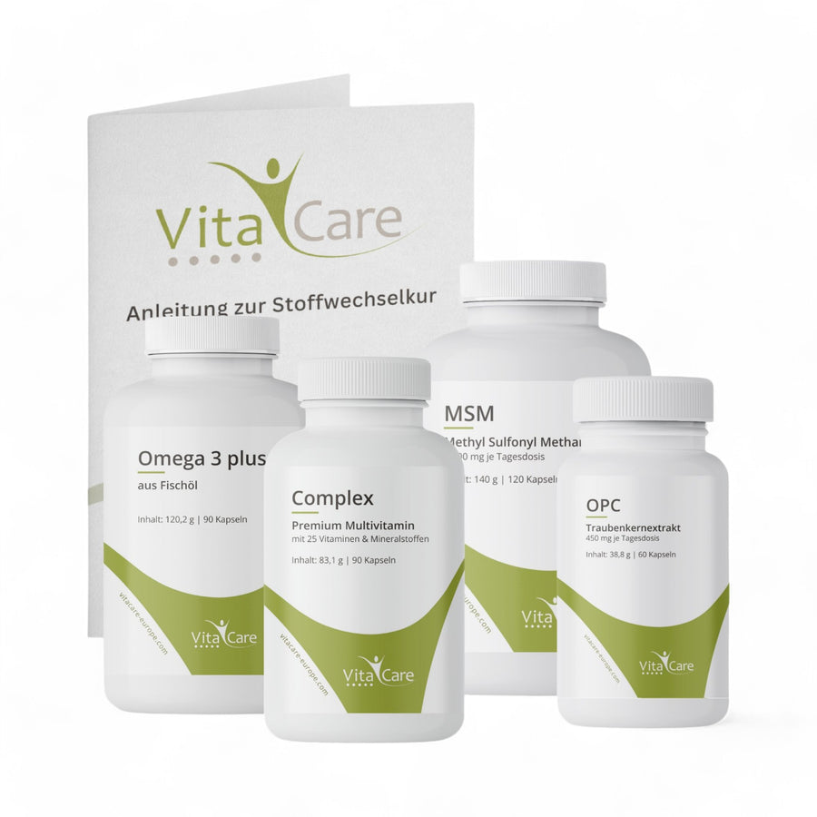 VitaCare Stoffwechselkur Vorteilspaket mit Complex Multivitamin, MSM, OPC, Omega 3 plus und der Anleitung zur Stoffwechselkur