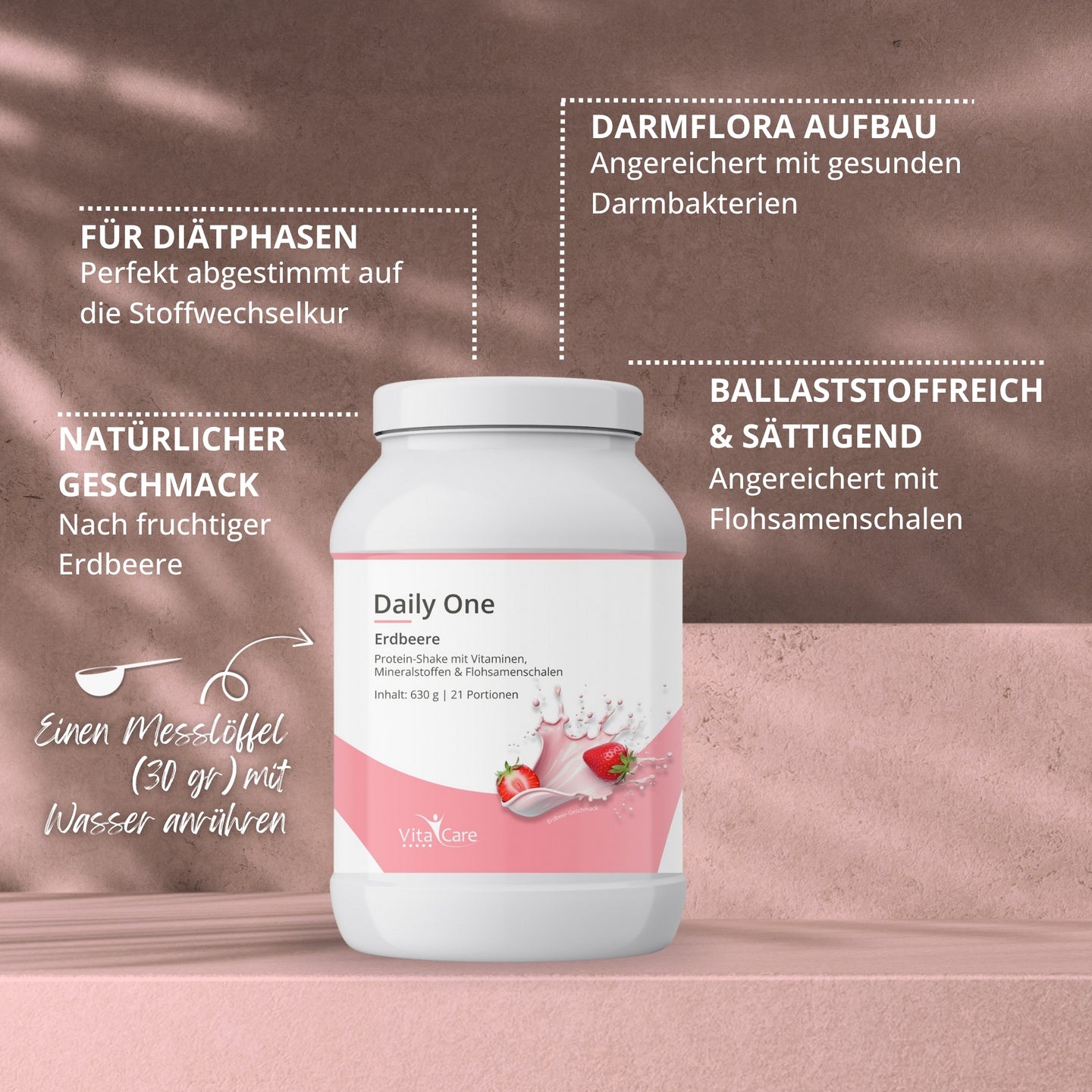 Daily One Protein-Shake Erdbeere 630g - Whey-Proteinpulver mit Flohsamenschalenpulver von VitaCare