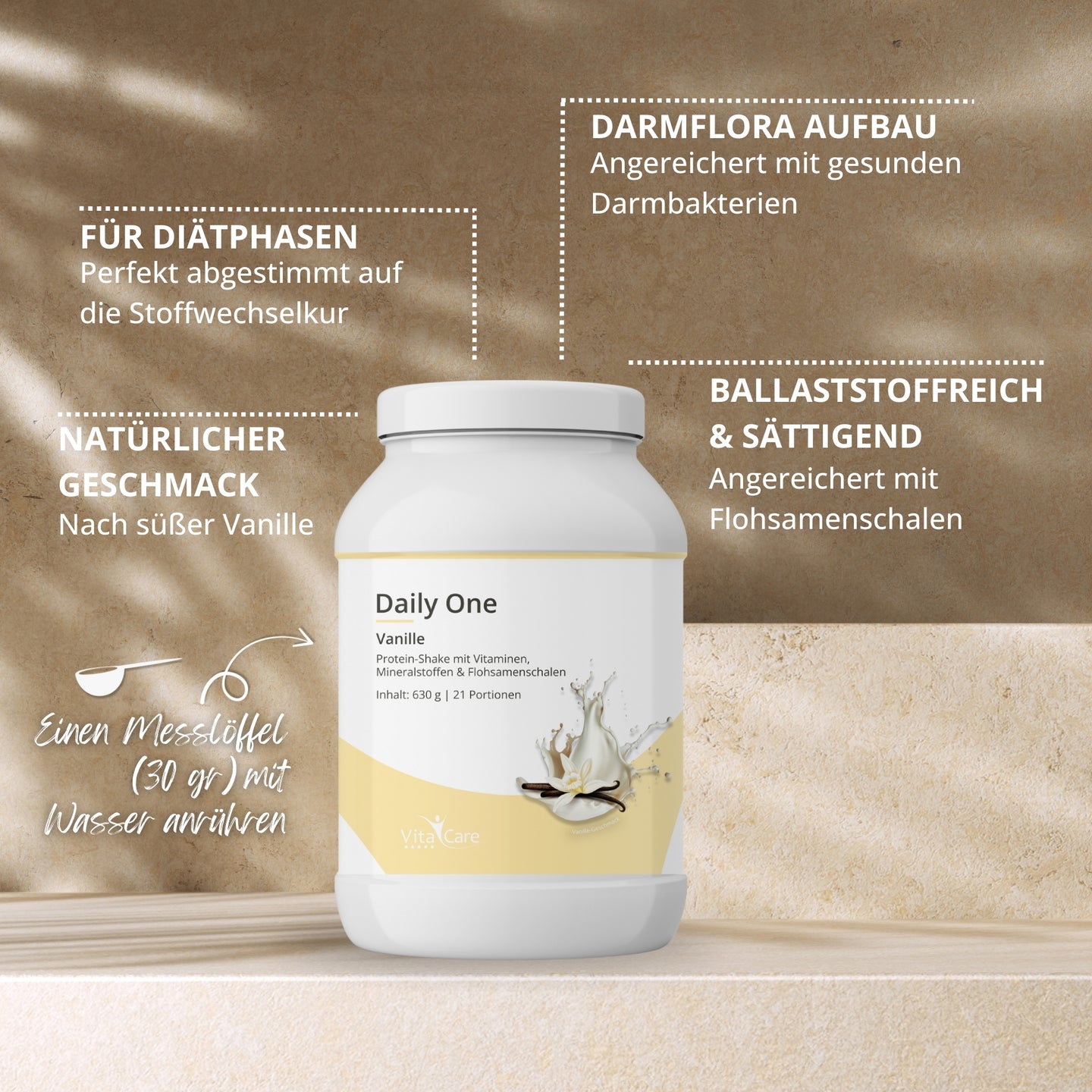 Daily One Protein-Shake Vanille 630g - Whey-Proteinpulver mit Flohsamenschalenpulver von VitaCare