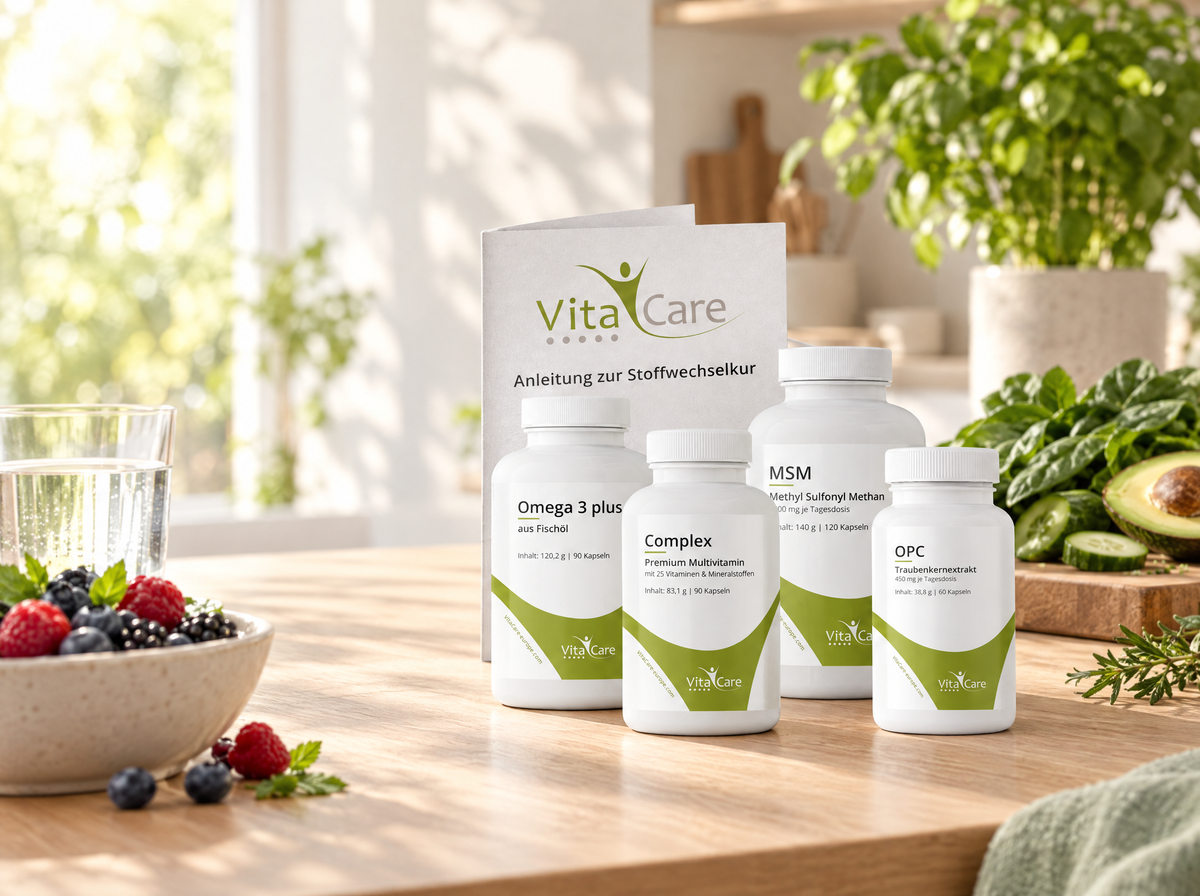 VitaCare 21-Tage-Stoffwechselkur mit Omega 3 plus, Complex, MSM, OPC und Anleitung auf einer hellen Küchenarbeitsplatte