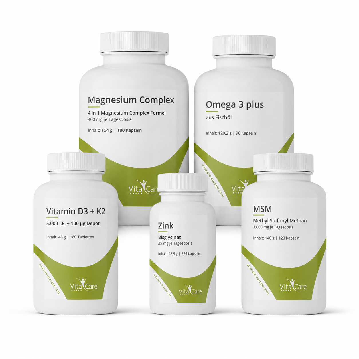 VitaCare Wechseljahre – 5er-Set mit Magnesium Complex, Omega 3 plus, Vitamin D3 + K2, Zink und MSM